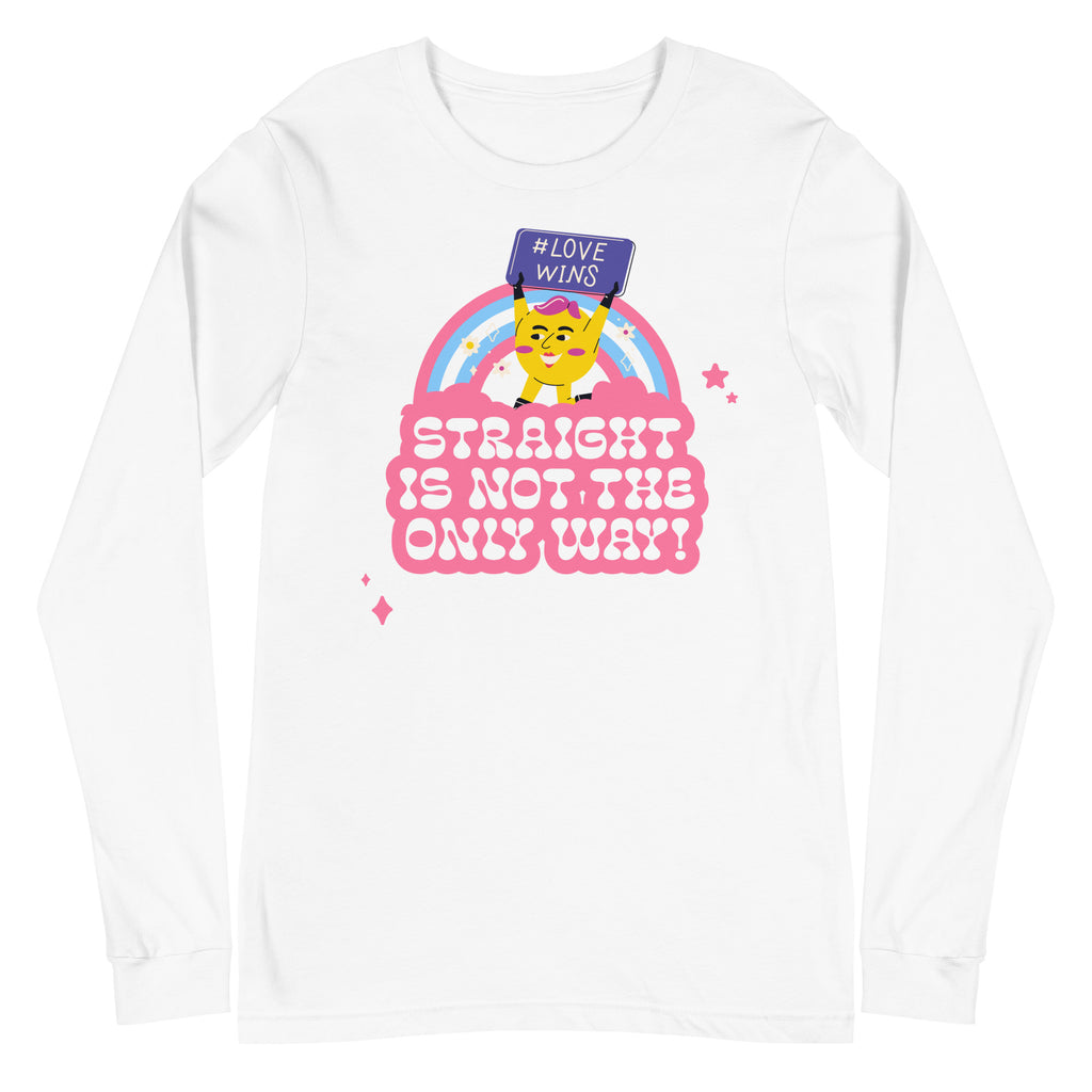Unisex long sleeve t-shirt with a cartoon cat holding a "#LOVE WINS" sign, rainbow backdrop, pink bubble letters