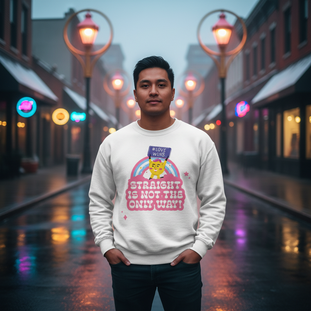 Person wearing a white sweatshirt reading “Straight Is Not The Only Way!” with a cartoon cat