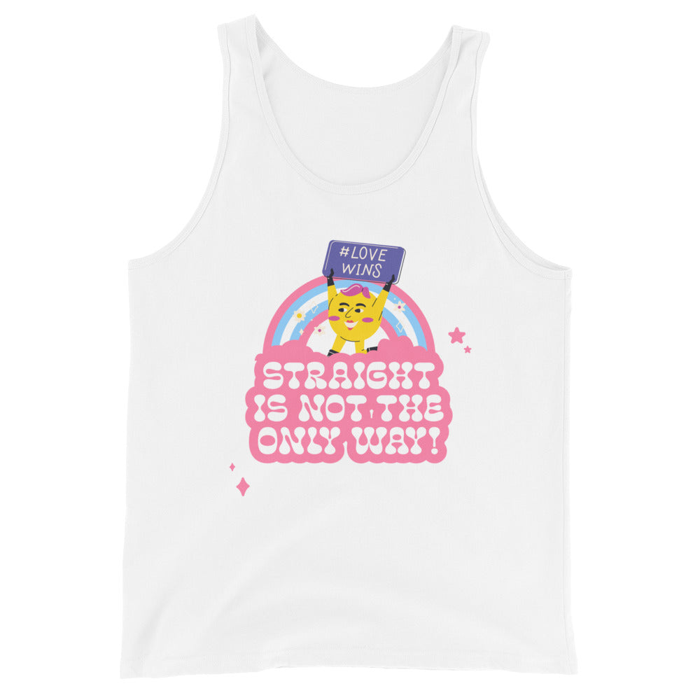 White tank top with a rainbow, cartoon figure holding “#LOVE WINS,” and pink text “STRAIGHT IS NOT THE ONLY WAY!”