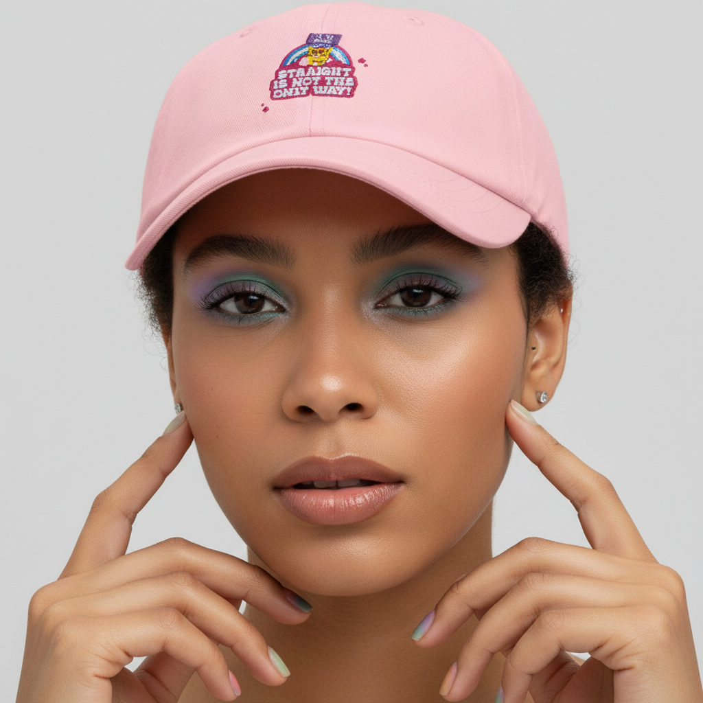 Pastel pink "Wearing the Straight Is Not The Only Way!" cap, modeled by a person with soft rainbow eye makeup