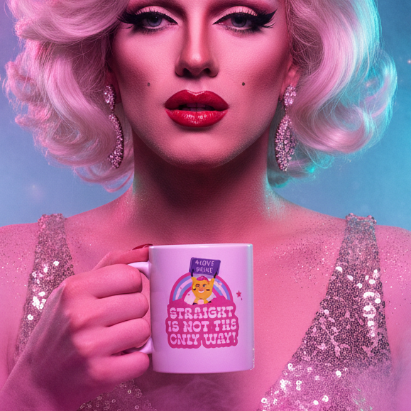 Drag performer holding a pink “Straight Is Not the Only Way!” mug with a rainbow graphic