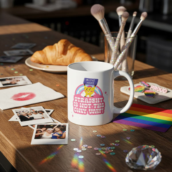 White mug reading “STRAIGHT IS NOT THE ONLY WAY!” beside a rainbow flag