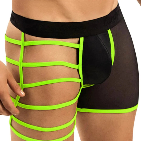 Close-up front view of black boxer briefs with neon-green strappy side panels
