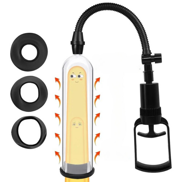 Manual penis pump with clear cylinder, hand pump, hose, and three black sealing rings