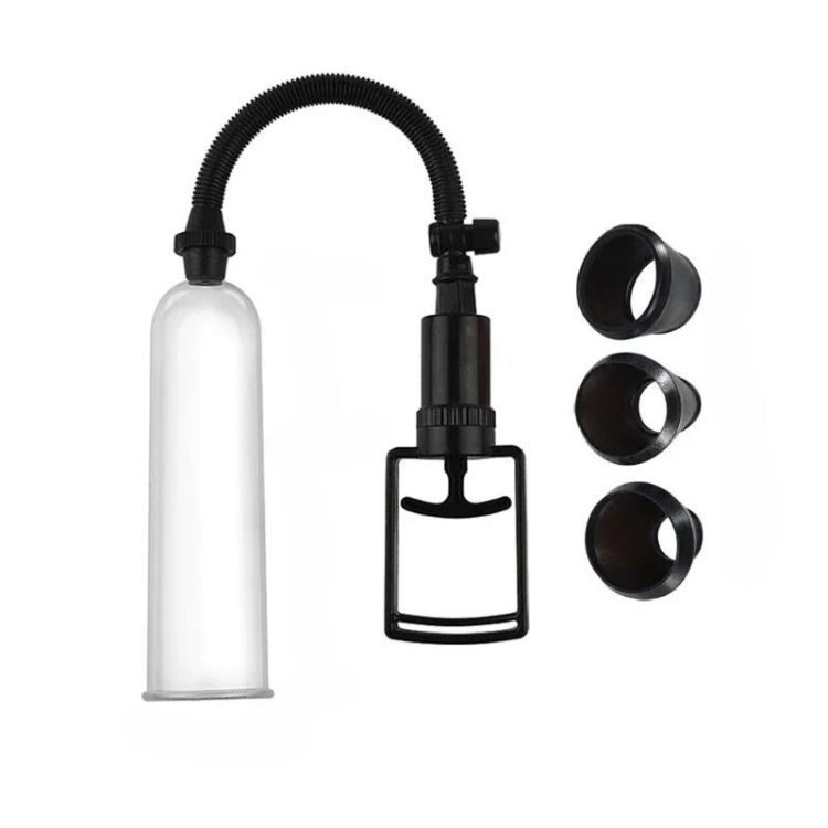 Clear penis pump cylinder with ribbed hose, hand pump, and three black rings