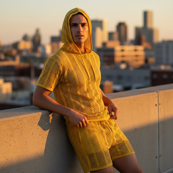 Person wearing a yellow mesh hooded top and matching shorts on a rooftop