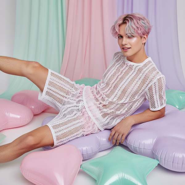 Model reclining in a white striped mesh shirt and matching shorts on pastel inflatable cushions