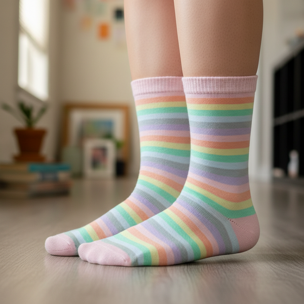 Person on wood floor in pastel Rainbow Socks—unisex, striped pink, green, yellow, blue, and purple bands