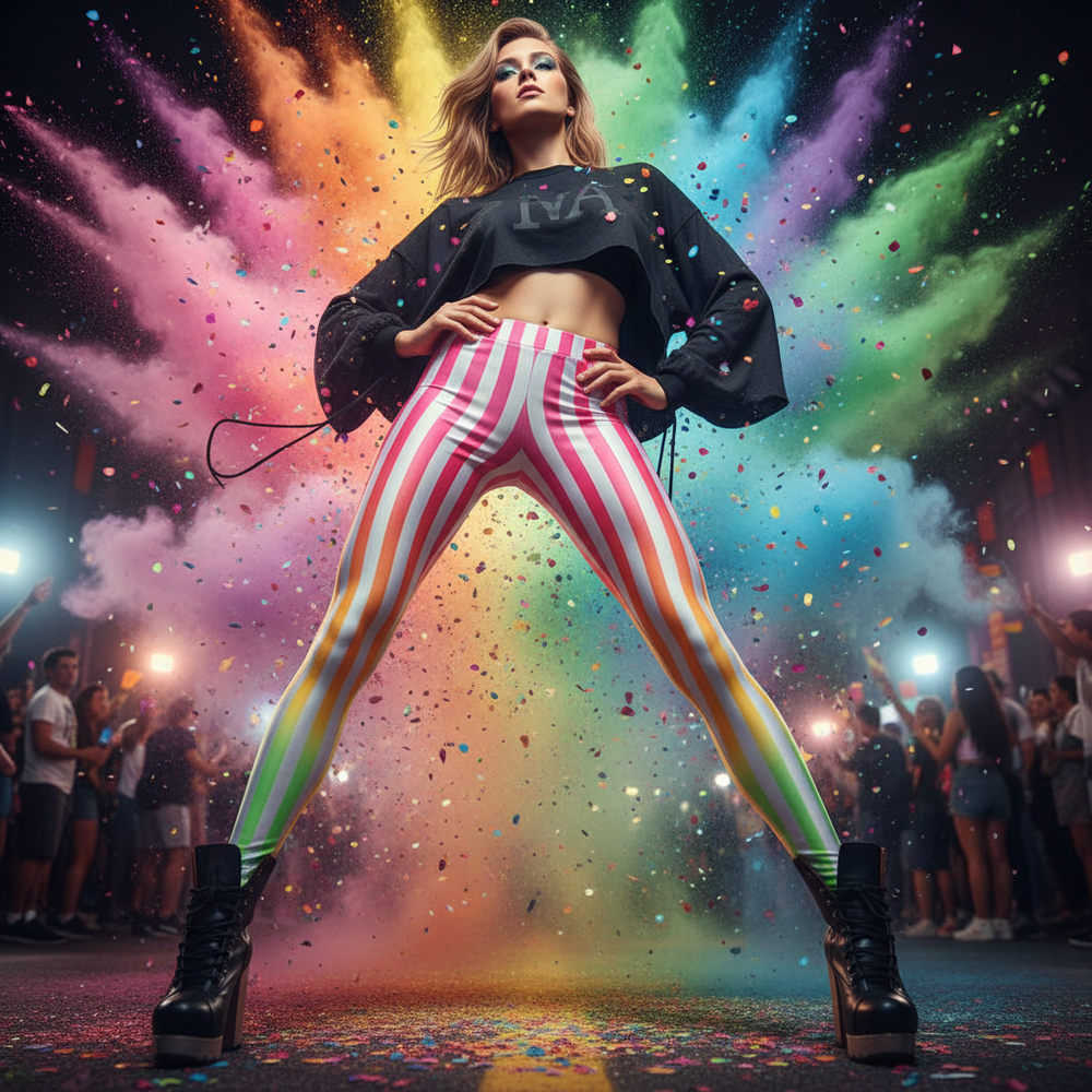 Model wearing pink, white, and rainbow-striped leggings at a colorful confetti-filled event