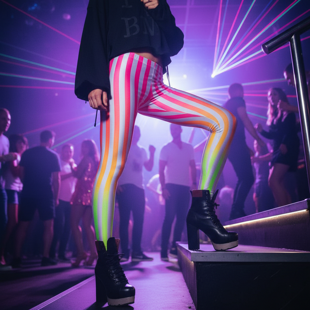Cropped model wearing vertical rainbow-striped leggings and black platform boots in a club