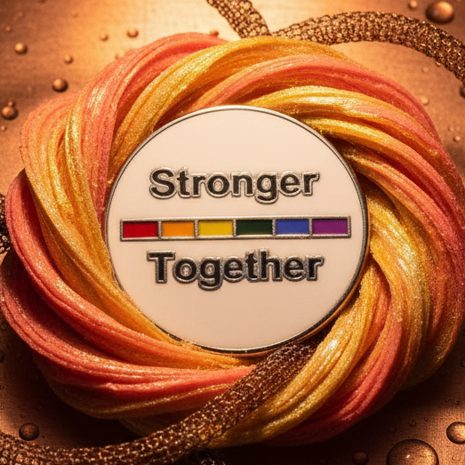 Round enamel pin reading “Stronger Together” with a multicolor horizontal stripe design