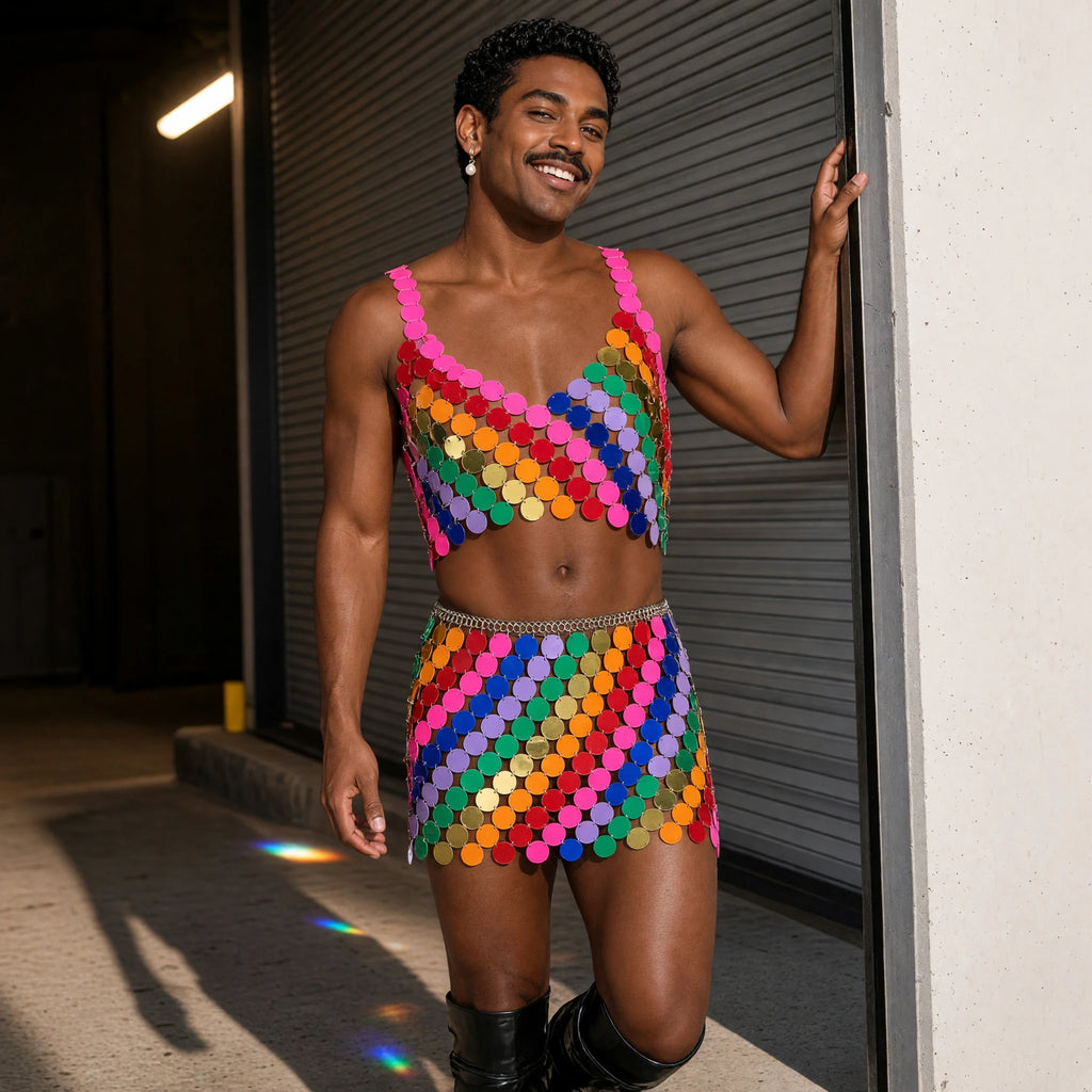 Model wearing the Studio 2099 rainbow disc-paillette crop top and mini skirt at a club loading bay