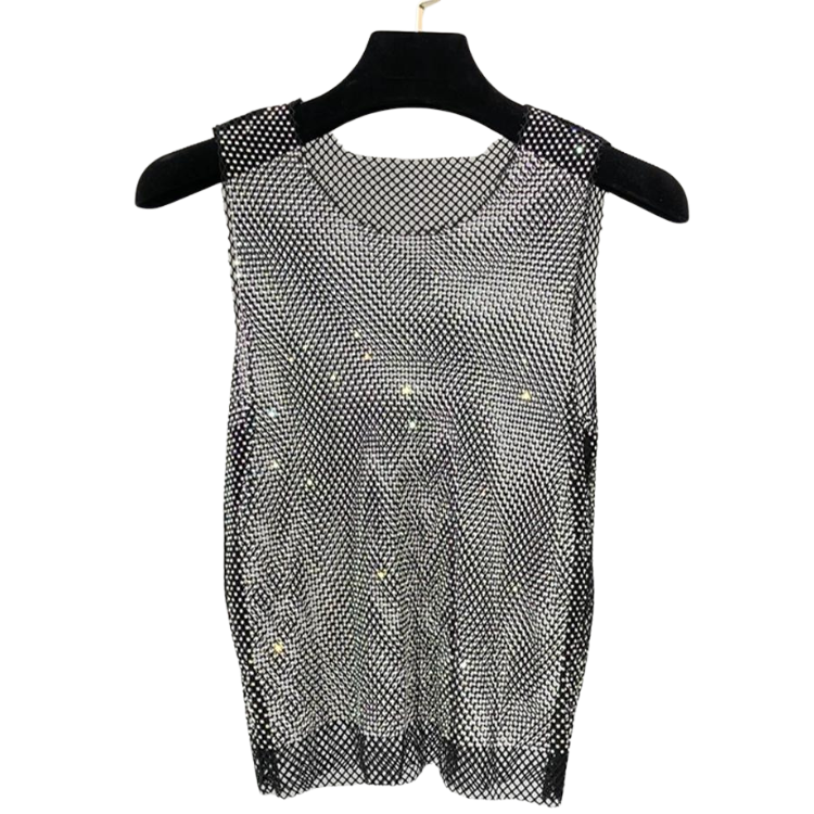 Front view of a black sleeveless mesh tank top with scattered silver shimmer studs on a hanger
