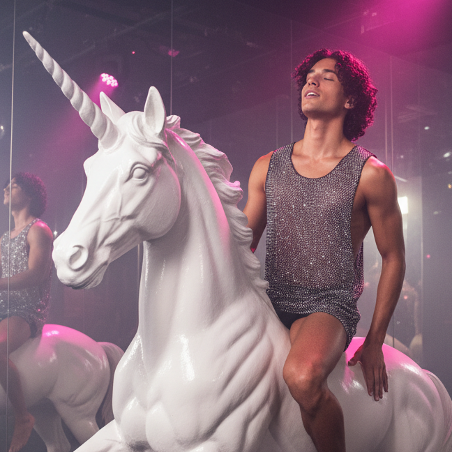 A person in a Studio 54 Mesh Shimmer Tank Top sits on a white unicorn statue, eyes closed