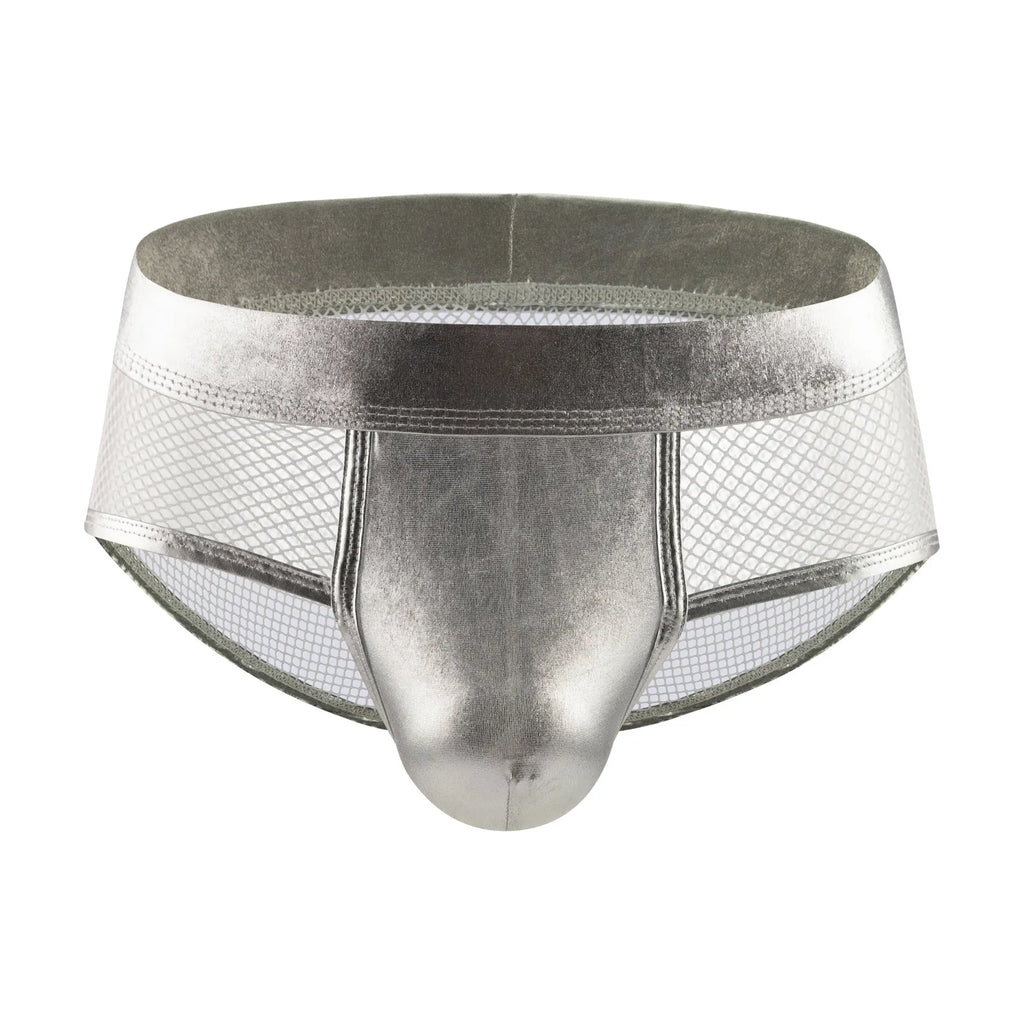 Front view of silver mesh boxer briefs with a solid contoured pouch and wide waistband