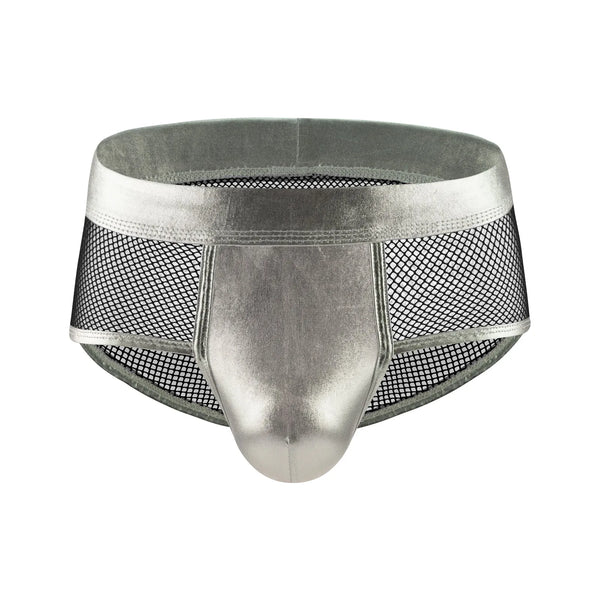 Front view of silver-gray mesh boxer briefs with a solid contoured pouch