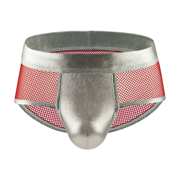 Front view of silver boxer briefs with red diamond-mesh side panels and pouch