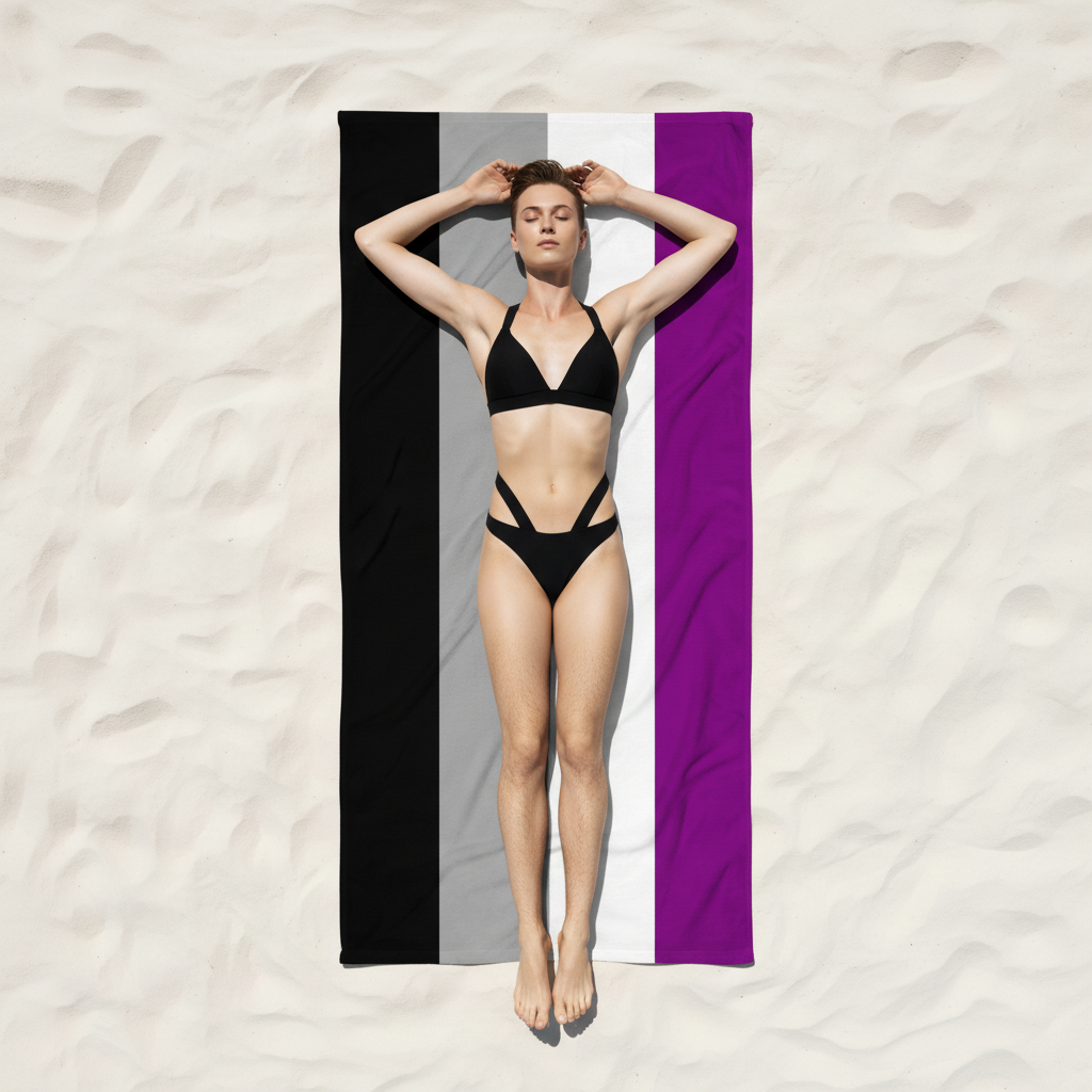 Asexual Pride Flag beach towel with bold black, gray, white, and purple stripes; woman lounges on sand with eyes closed.