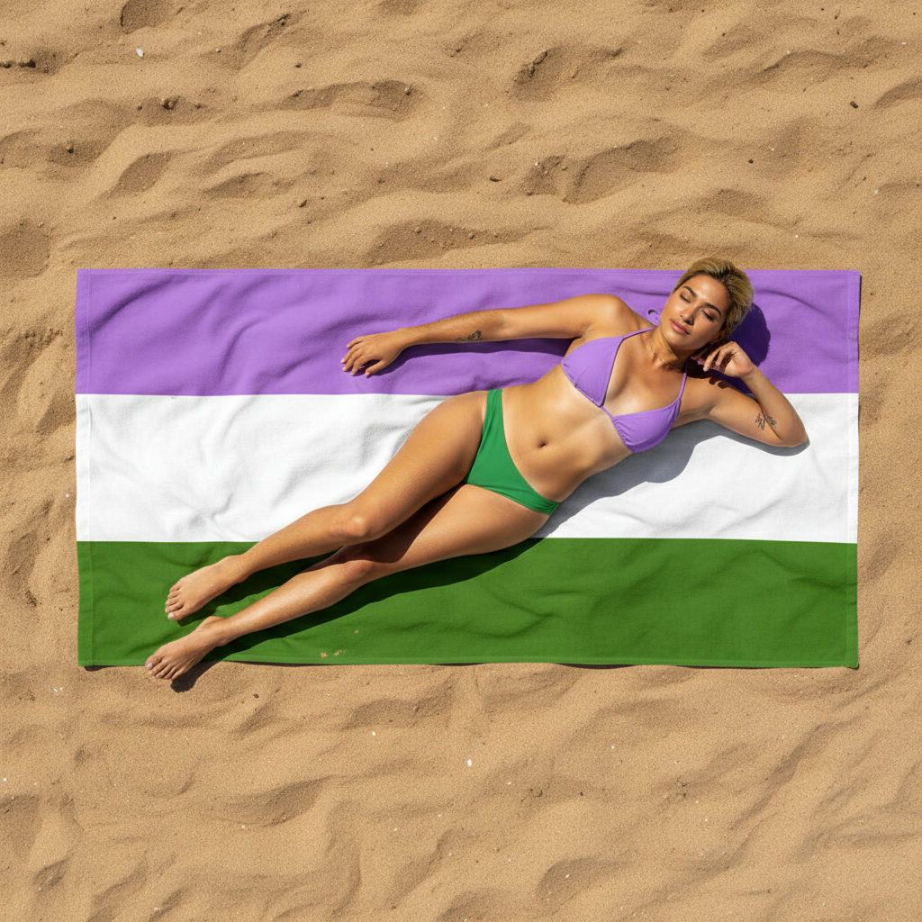 Genderqueer Pride Flag beach towel with bold purple, white, and green stripes; person in a queer bikini lounges, eyes closed.