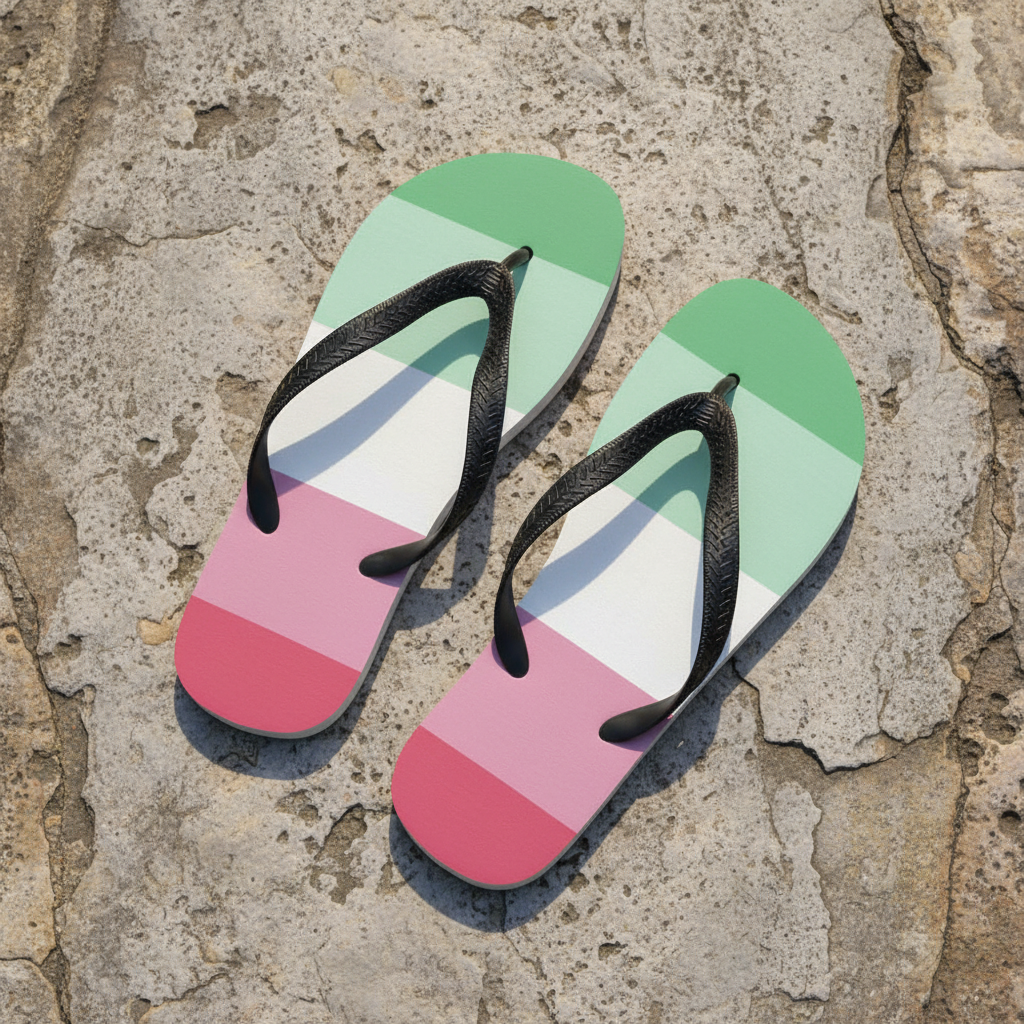 Abrosexual Pride flip-flops with bold green, white, light pink, and dark pink stripes and black straps, side by side on stone.