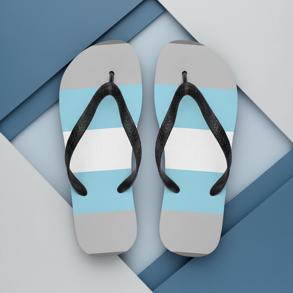 Demiboy Pride flip-flops with black straps and horizontal gray, white, and light blue stripes on a geometric blue-gray background.