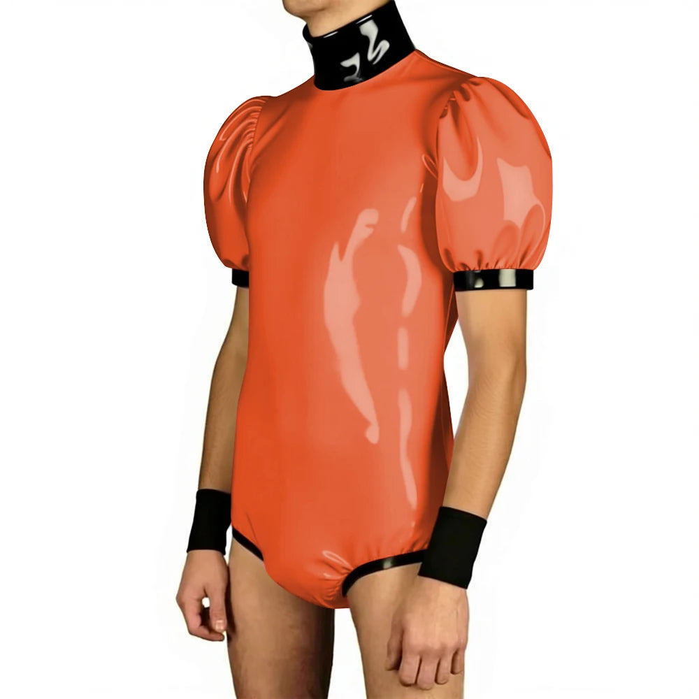 Front view of a model wearing a glossy orange PVC bodysuit with puff sleeves and black trim