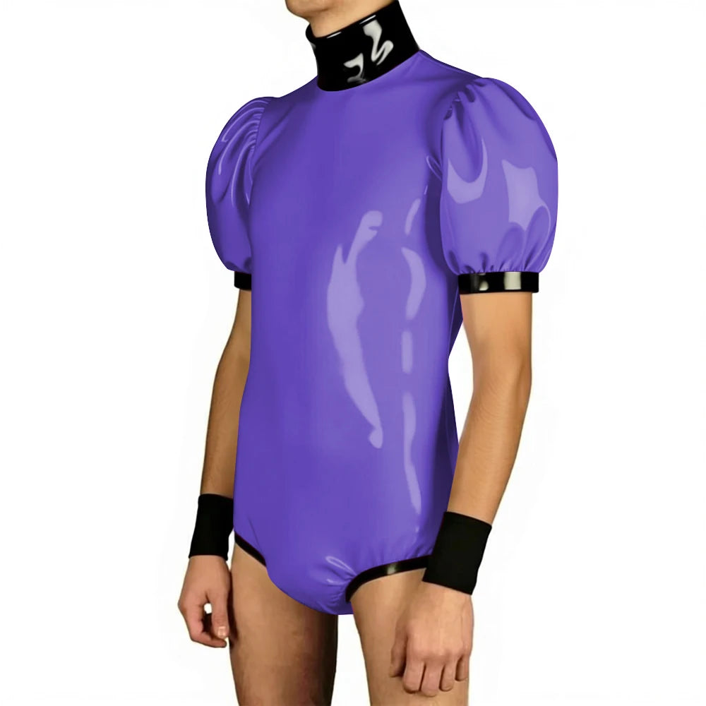 Front view of a person wearing a glossy purple PVC bodysuit with puff sleeves and black trim