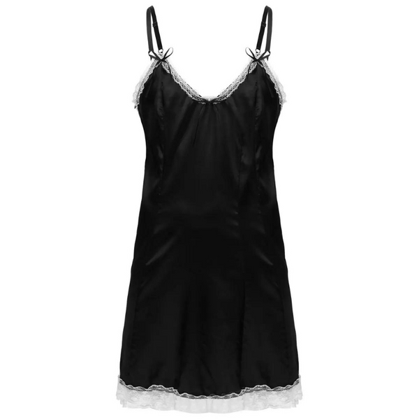 Front view of a black satin slip dress with lace-trimmed straps, neckline, and hem