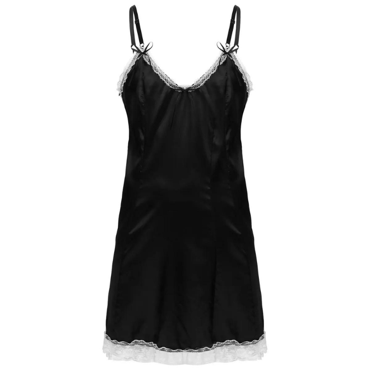 Front view of a black satin slip dress with lace-trimmed straps, neckline, and hem