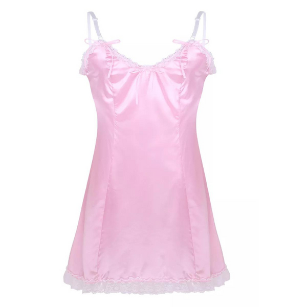 Front view of a pink satin slip dress with lace trim, bows, and frilled hem