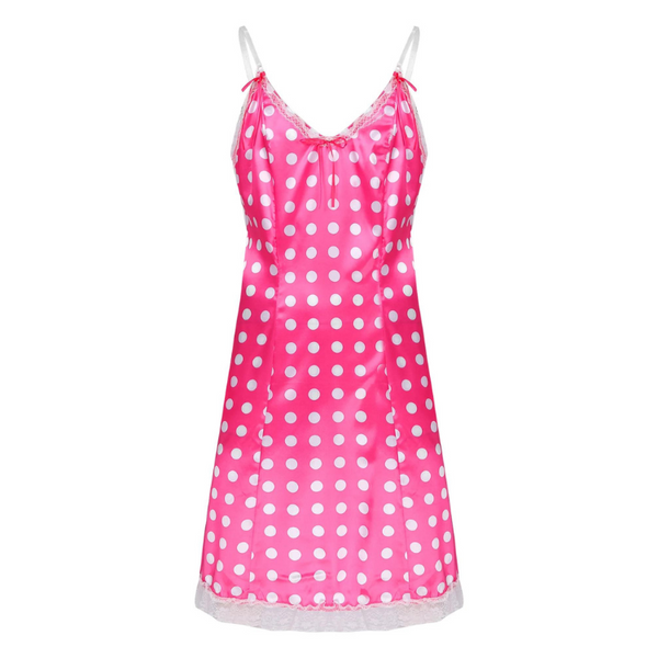 Front view of a pink satin slip dress with white polka dots and lace trim