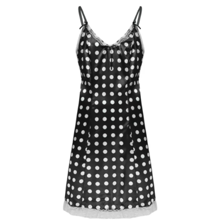 Front view of a black satin slip dress with white polka dots and lace trim