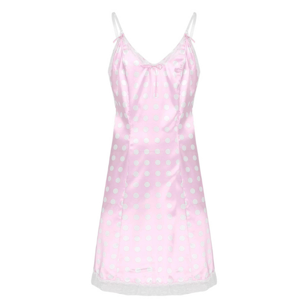 Front-view pink satin slip dress with white polka dots and lace trim