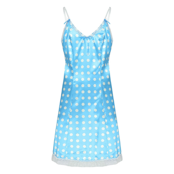 Front view of a blue satin slip dress with white polka dots and lace trim
