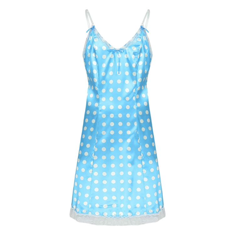 Front view of a blue satin slip dress with white polka dots and lace trim
