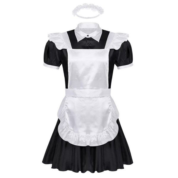 Front-facing black-and-white maid dress with apron, puff sleeves, collar, and separate lace headband