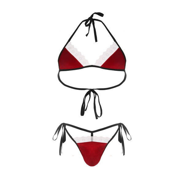 Flat lay of a red, white lace-trimmed halter bra and matching tie-side panties