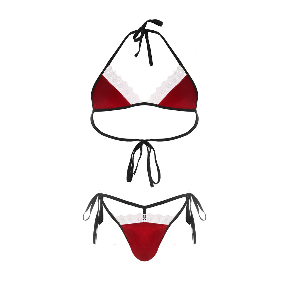 Flat lay of a red, white lace-trimmed halter bra and matching tie-side panties