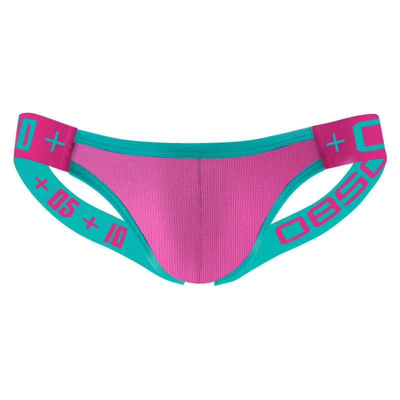 Front view of a pink mesh jockstrap with teal trim and graphic elastic straps