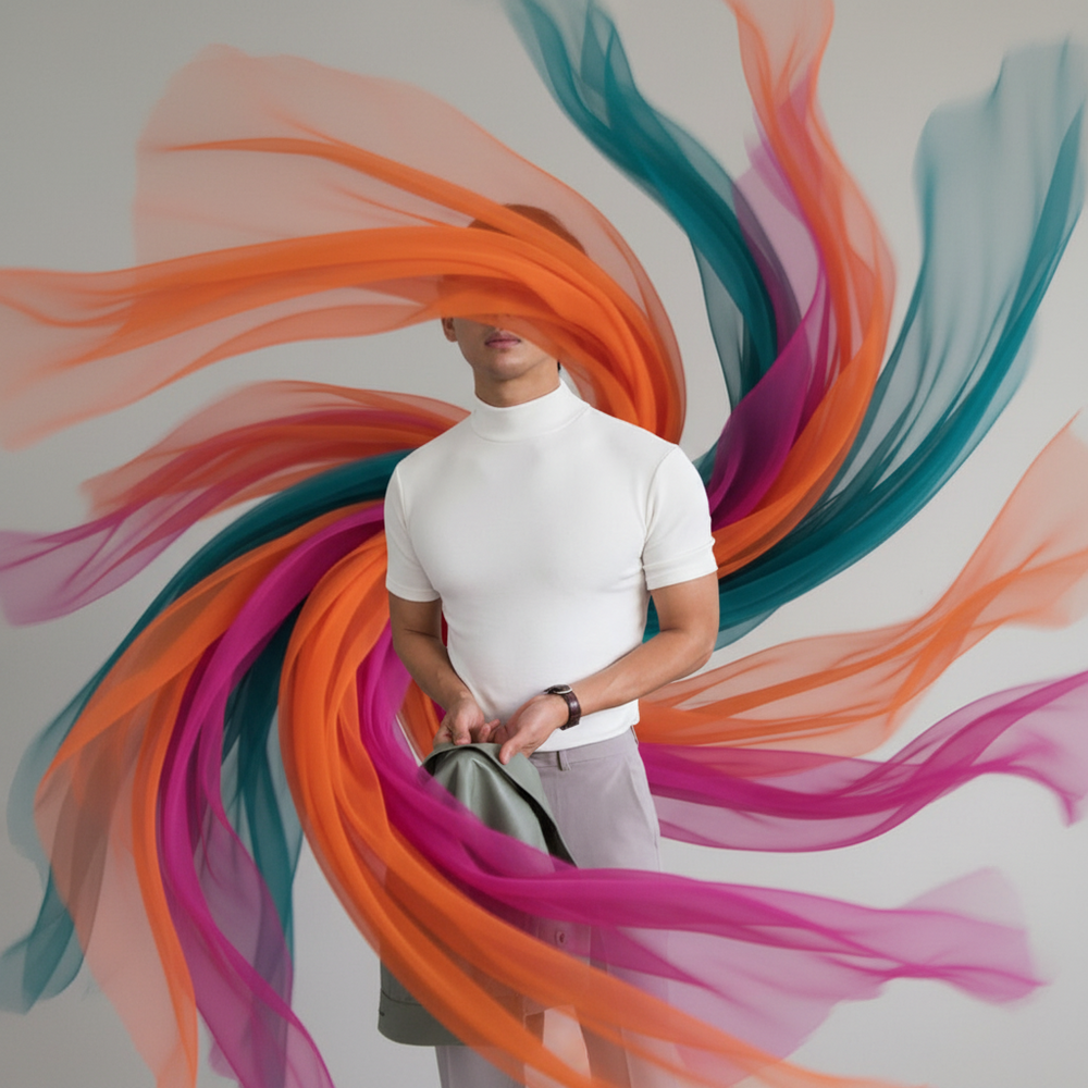 Front-facing model in a fitted white high-collar T-shirt amid colorful flowing fabric