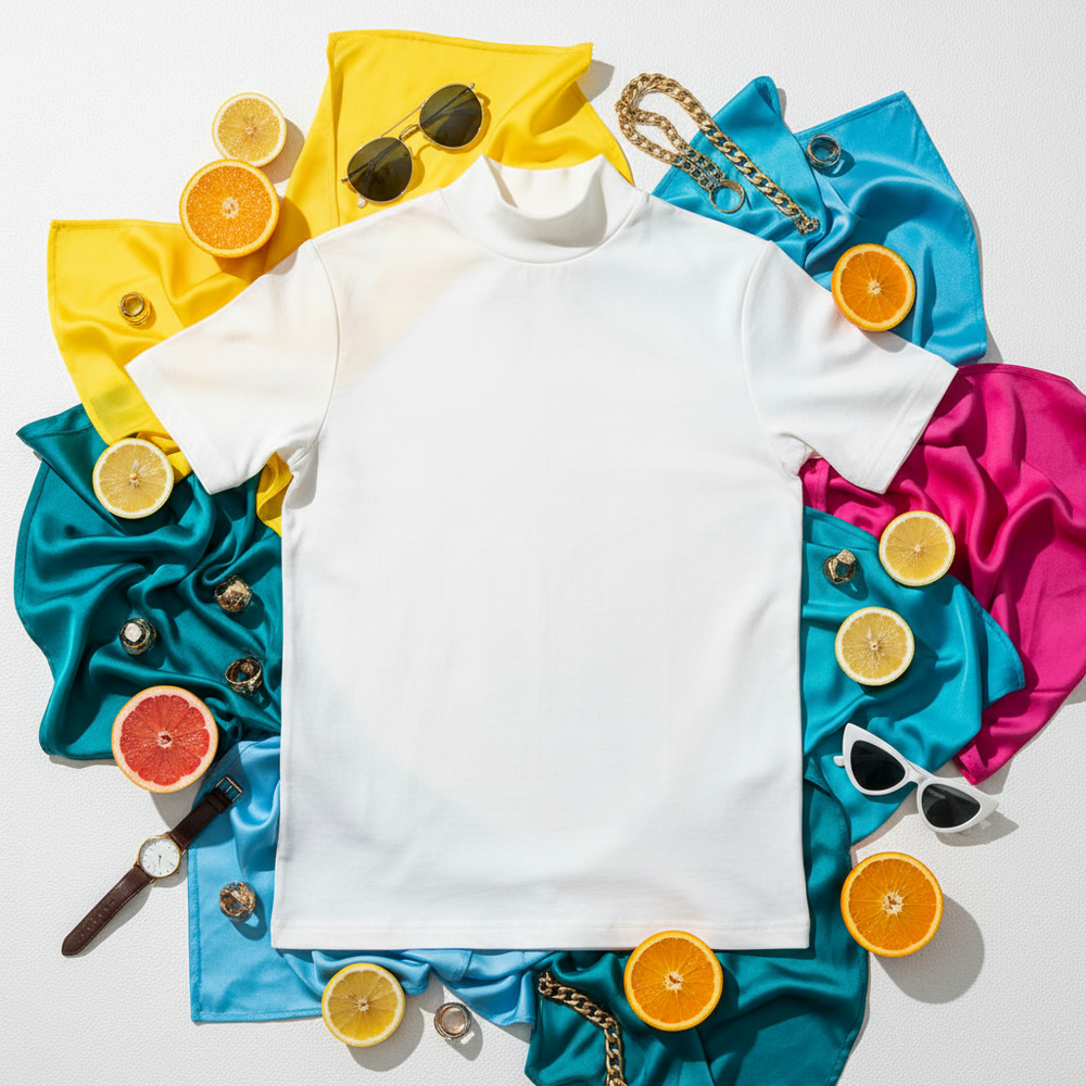 Flat lay of a plain white short-sleeve high-collar T-shirt with colorful accessories