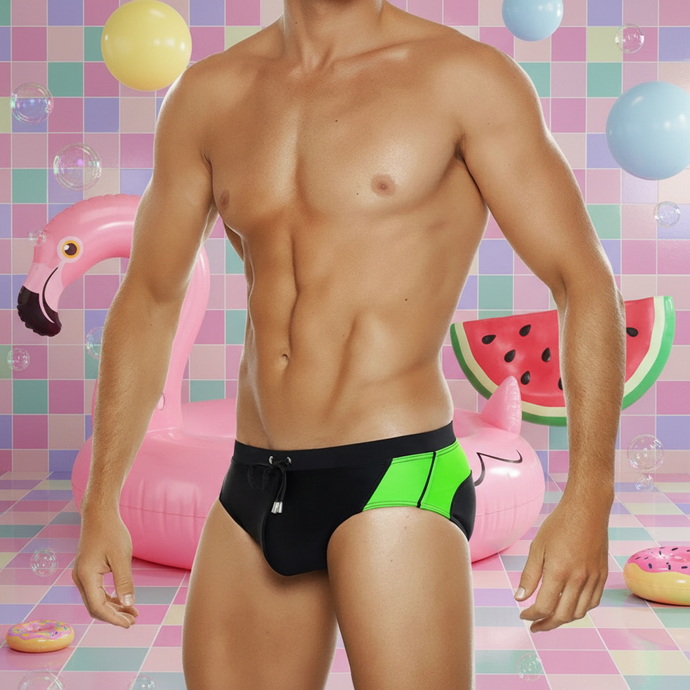 Shirtless model wearing black swim briefs with bright green colorblock panels in a pastel pool scene