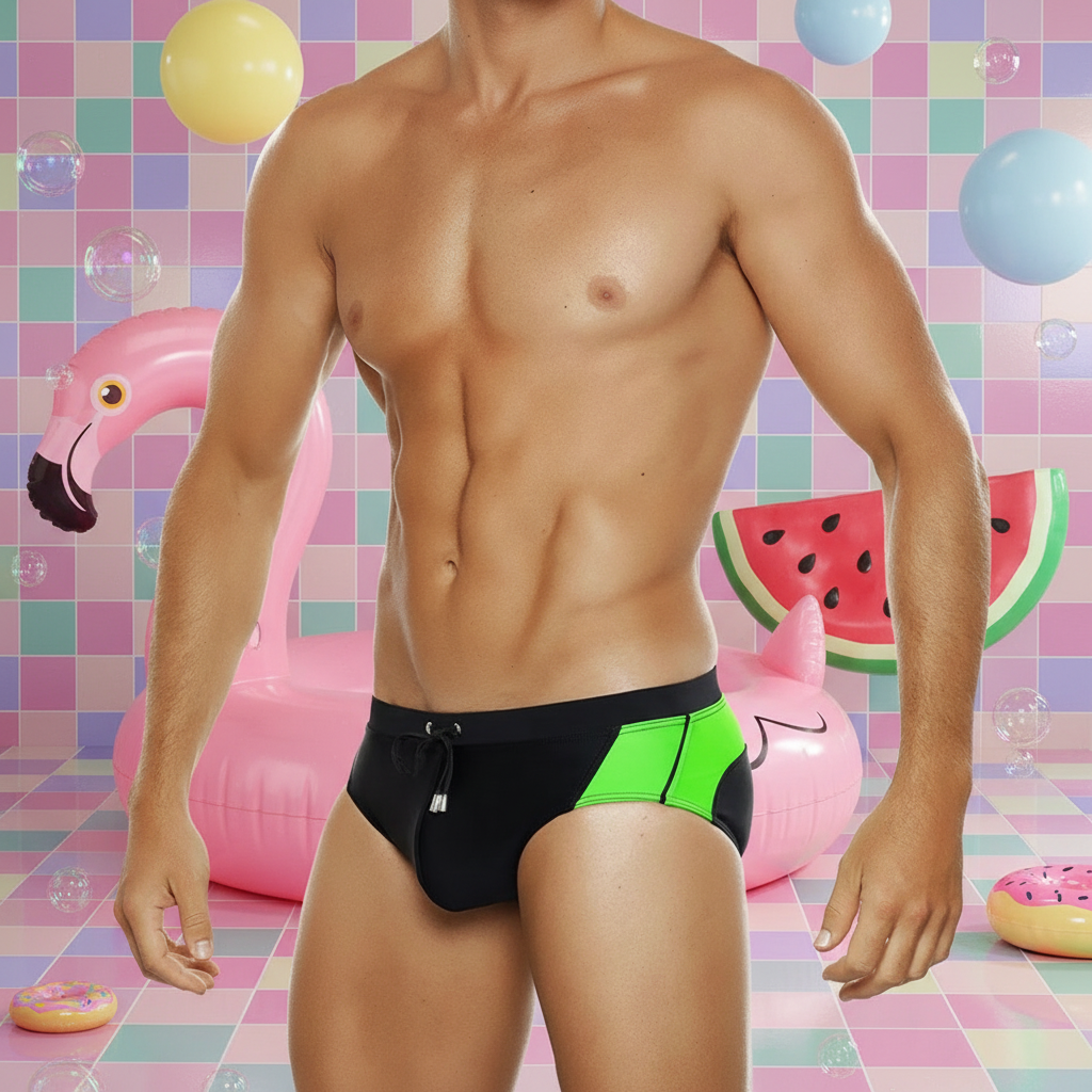 Shirtless model wearing black swim briefs with bright green colorblock panels in a pastel pool scene