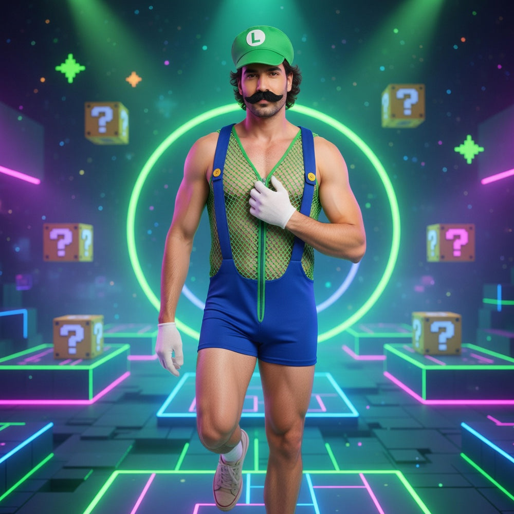 Front-facing person in green cap, mesh top, blue short overalls, and white gloves