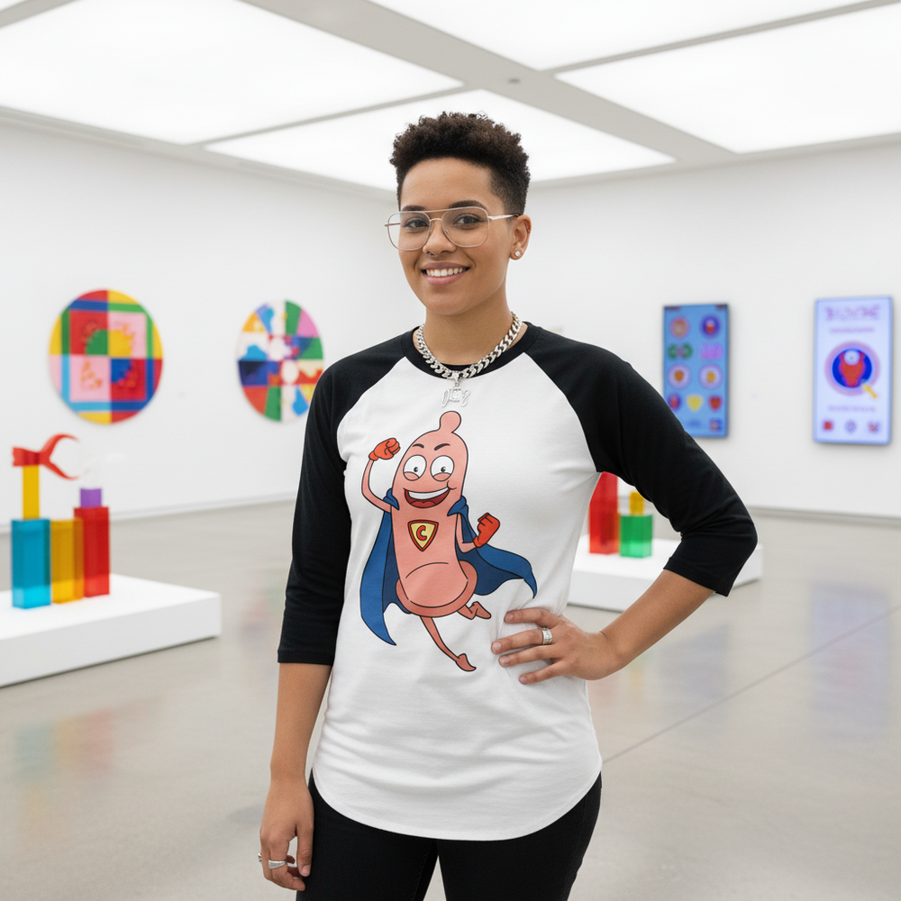 Person modeling a white-and-black raglan shirt with a cartoon superhero condom graphic in a gallery