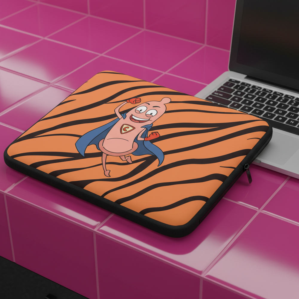 Laptop sleeve called “The Super Condom” with bold orange and black tiger stripes, plus a cartoon sausage hero in blue cape