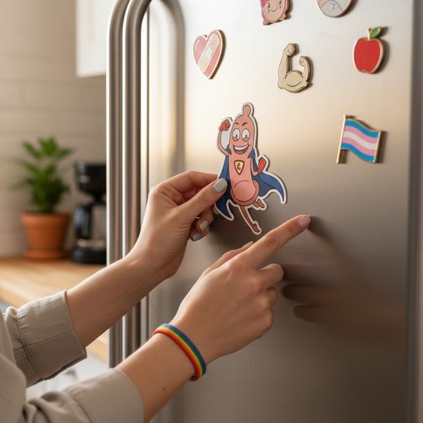 Hand holding a cartoon superhero condom magnet beside a refrigerator with other colorful magnets