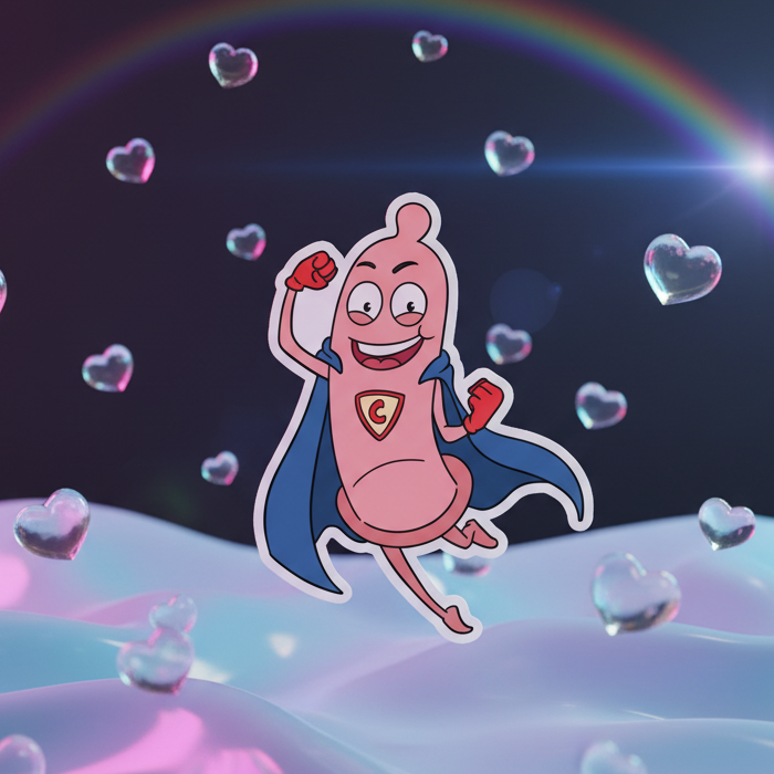 Pink cartoon condom magnet flying with a blue cape and red gloves