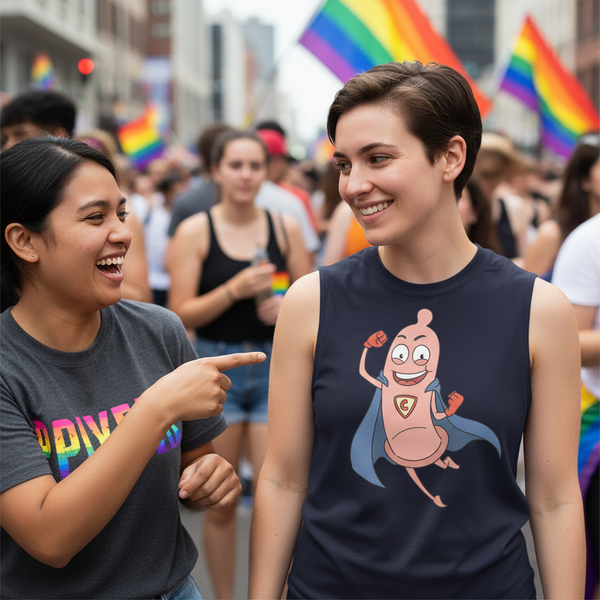 Super Condom Muscle Top worn by one of two people grinning at each other, rainbow flags waving