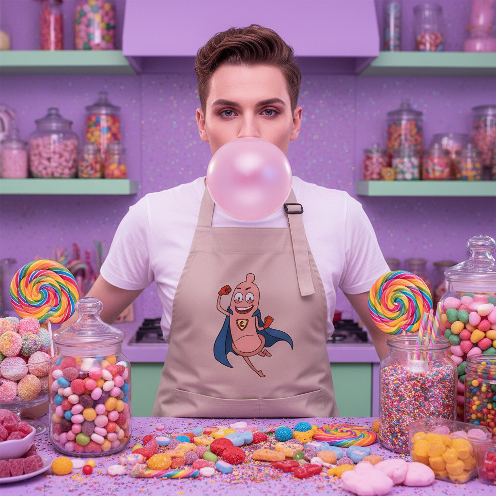 Person wearing a pink cartoon-print apron blows a pink bubble in a candy-filled kitchen